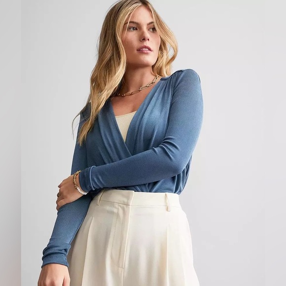 Free People Tops - FREE PEOPLE Turnt Sheen Long Sleeve Slinky Bodysuit in Blue Metal Size S